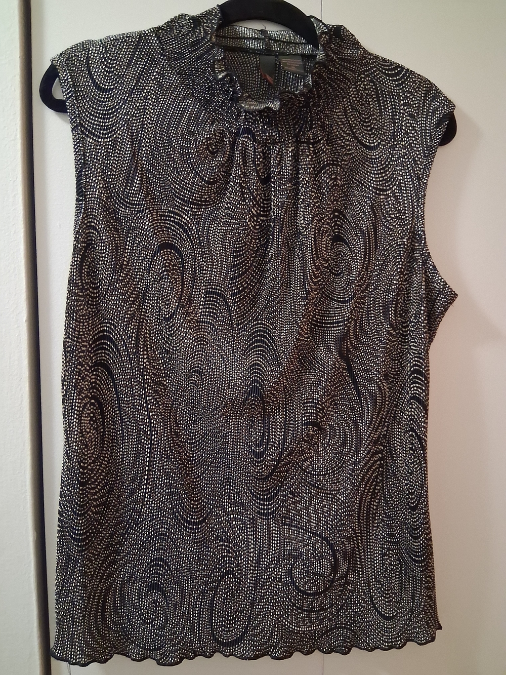 Sleeveless Black & Cream Swirl Print Ruffle-Neck  Ladies Top